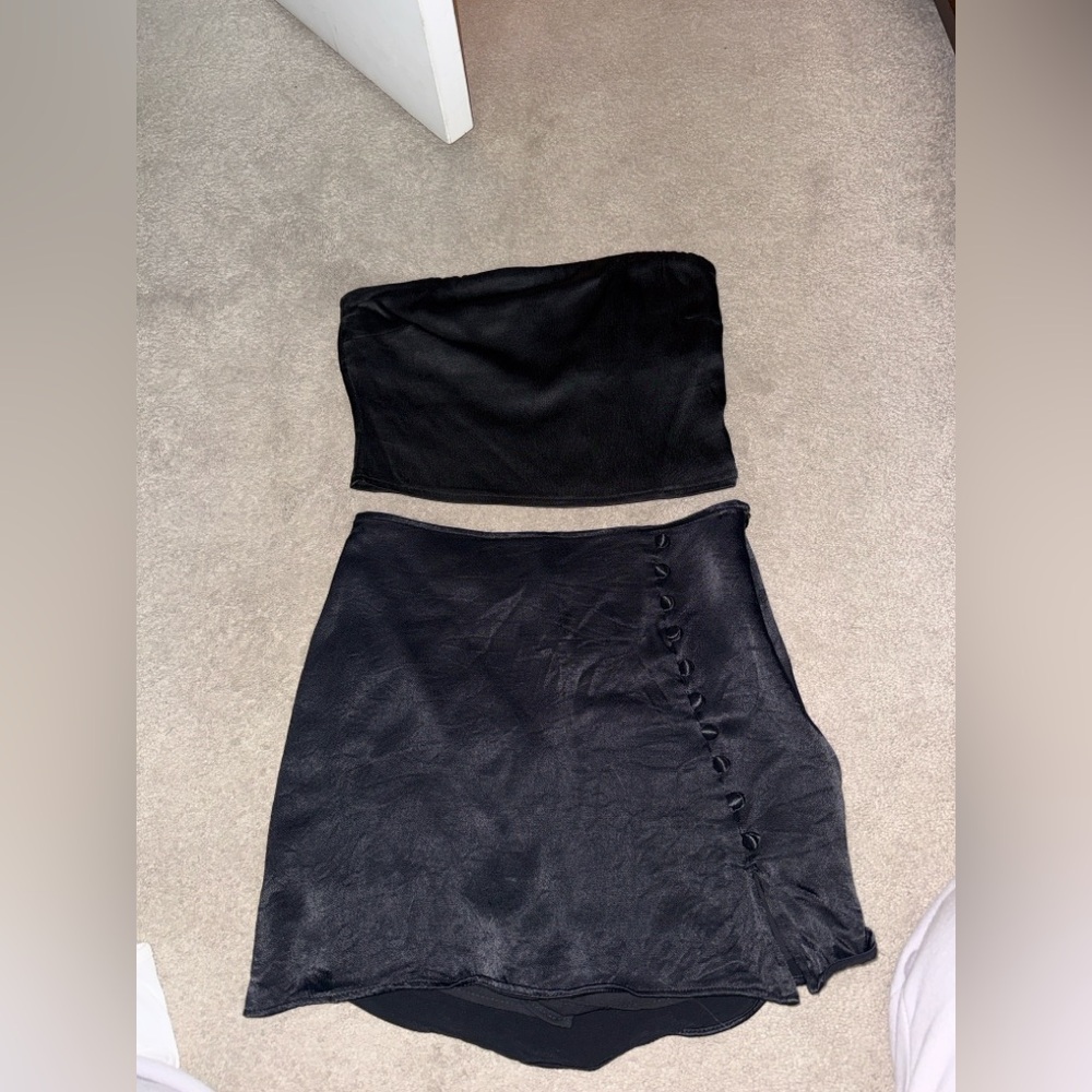Zara Black Satin Midi Skirt with Side Button Detail